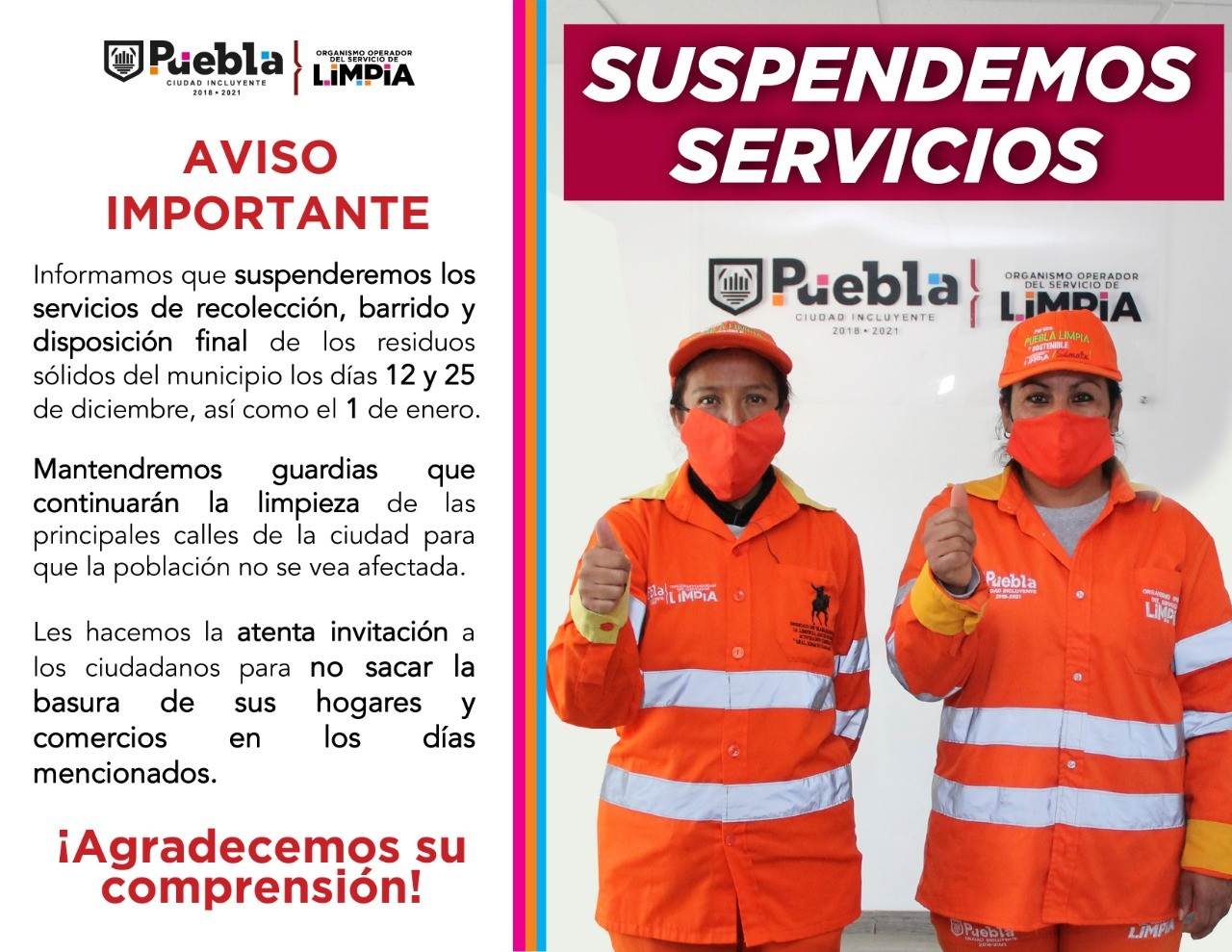Imagen que dice: Los días 12 y 25 de diciembre, así como el 1 de enero del 2021 no habrá servicio de recolección y barrido de basura, informó el Organismo Operador del Servicio de Limpia del Municipio de Puebla. (OOSL).