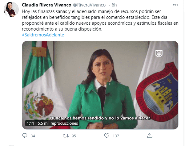 Tuit en el que Claudia Rivera anuncia medidas económicas, entre ellas el cómo apoyar a comerciantes.