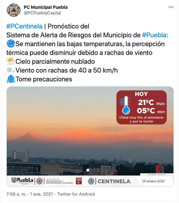 Tuit de protección civil informando sobre bajas temperaturas en Puebla
