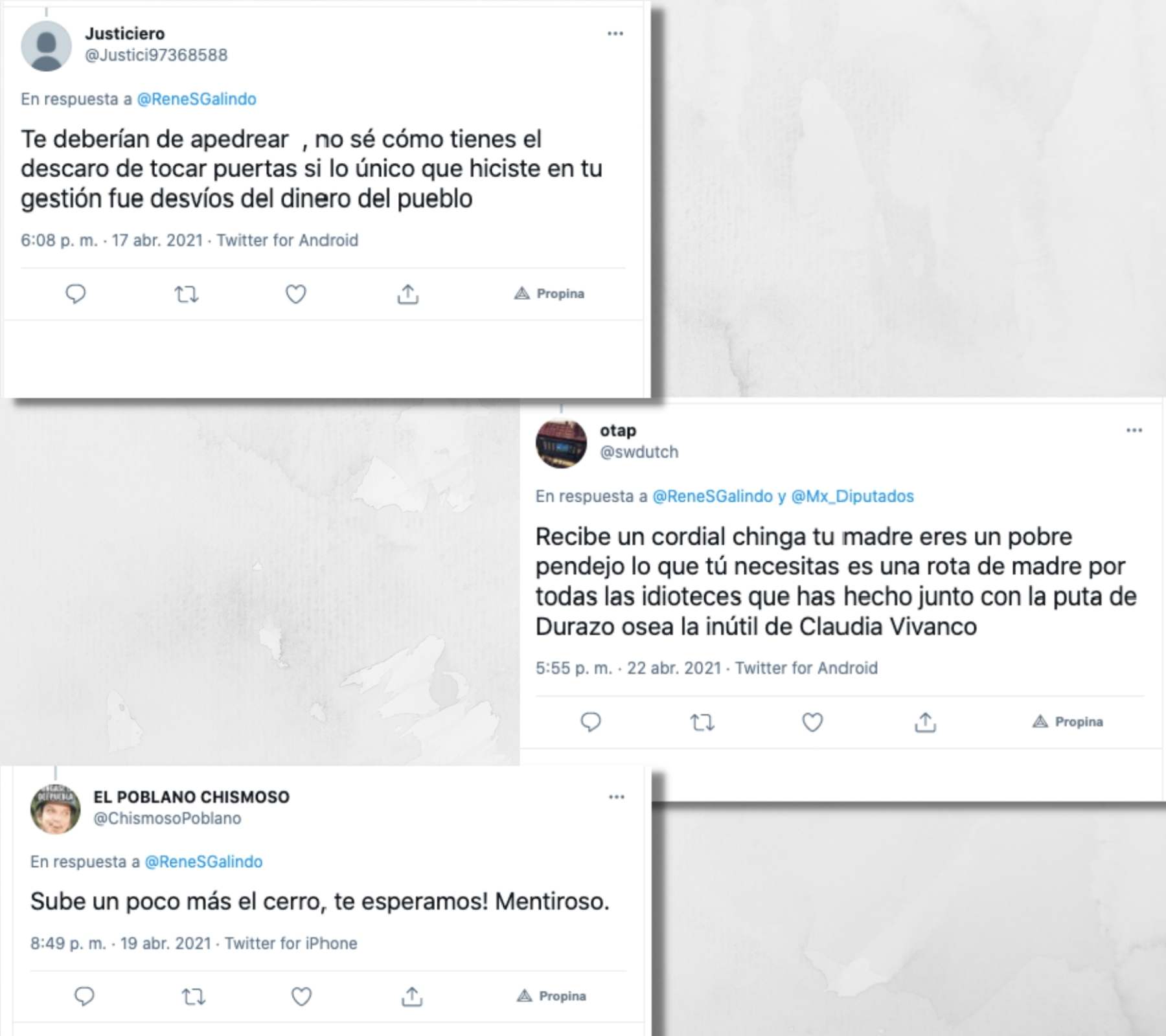 Tuits con amenazas al candidato René Sánchez Galindo