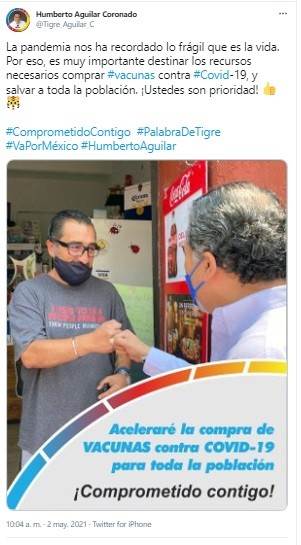 Tuit en el que el candidato Humberto Aguilar habla sobre las vacunas covid.