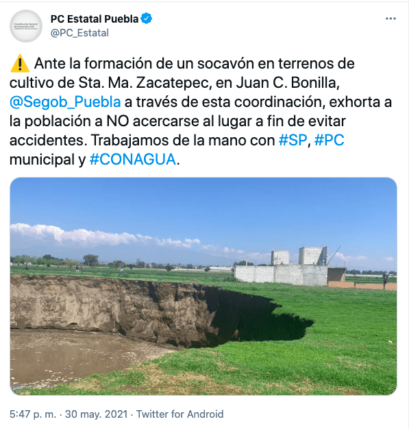 Tuit de PC sobre el socavón de Juan C. Bonilla