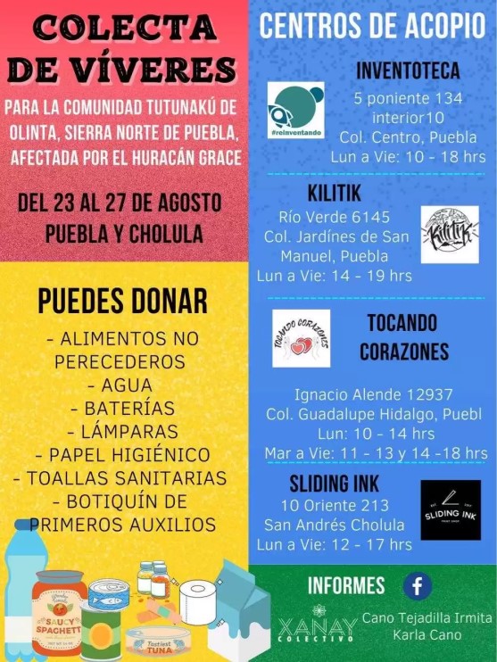 centros de acopio para damnificados por el huracán grace en Puebla