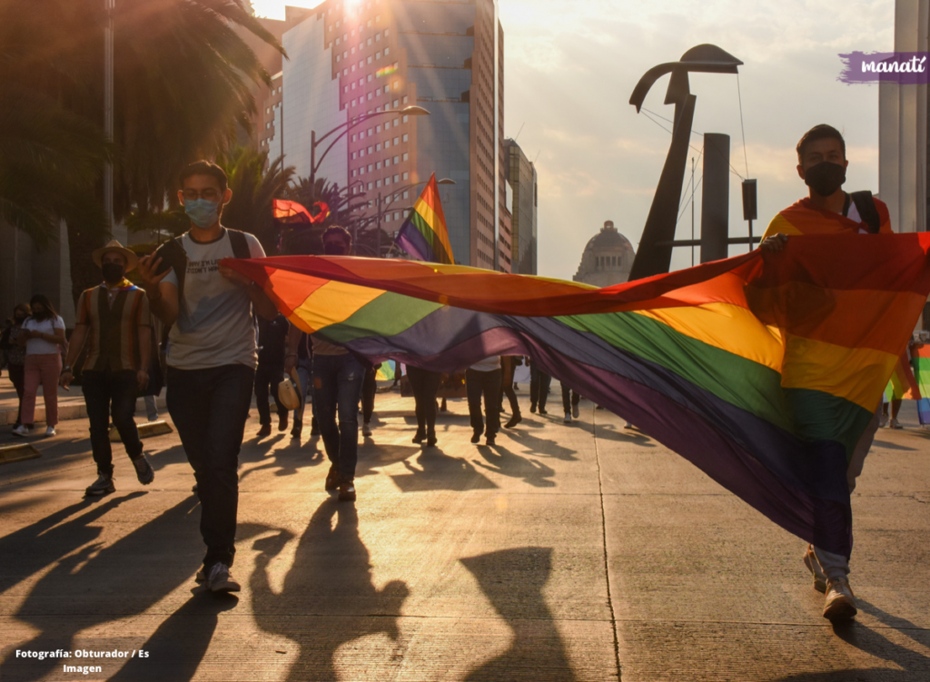 Bandera LGBT ondeando en la marcha.