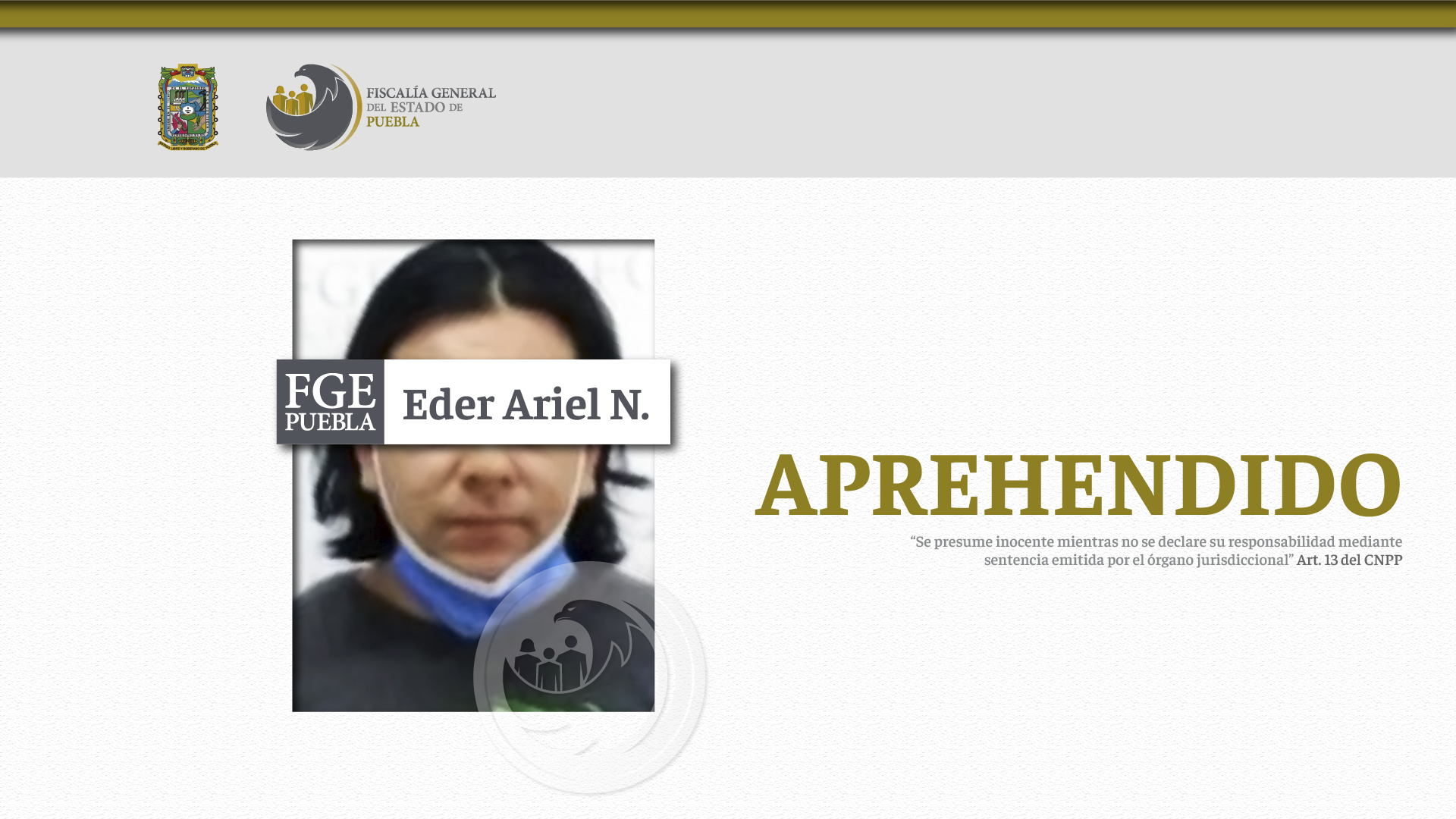 Con esta fotografía, la Fiscalía de Puebla anunció la detención de Eder Ariel como presunto responsable del crimen en la colonia Rivera Anaya; su familia asegura que no concuerda con las características físicas que describieron los testigos del asesinato. 