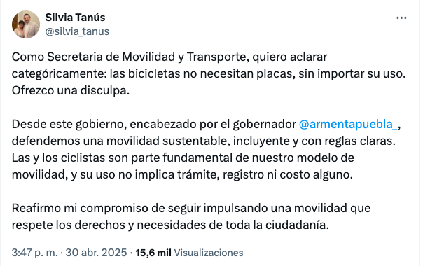 Es falso que las bicicletas en Puebla necesiten portar placas para poder circular, aclaró Silvia Tanús Osorio.