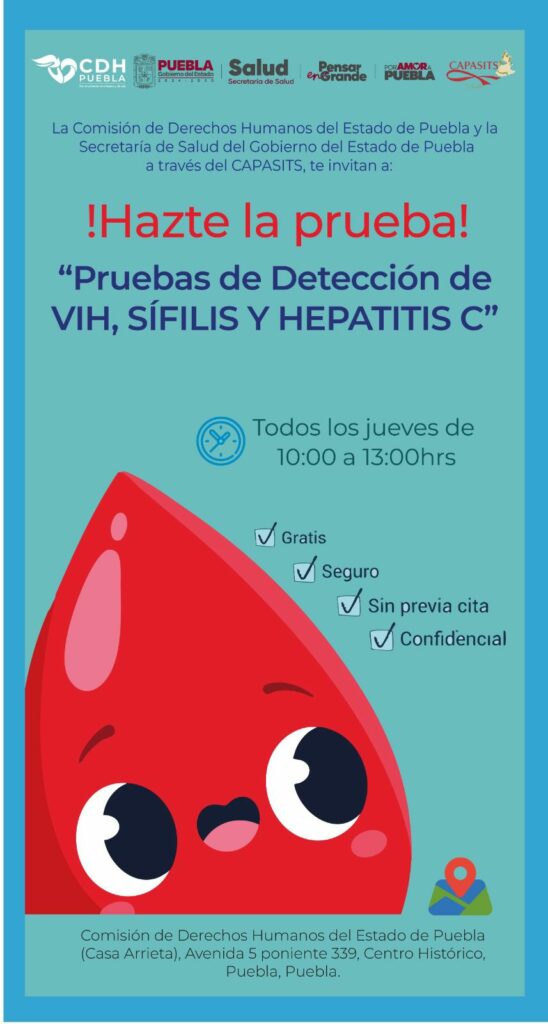 Todos los jueves, la CDH Puebla y la Secretaría de Salud realizarán pruebas gratuitas de detección de VIH, sífilis y hepatitis